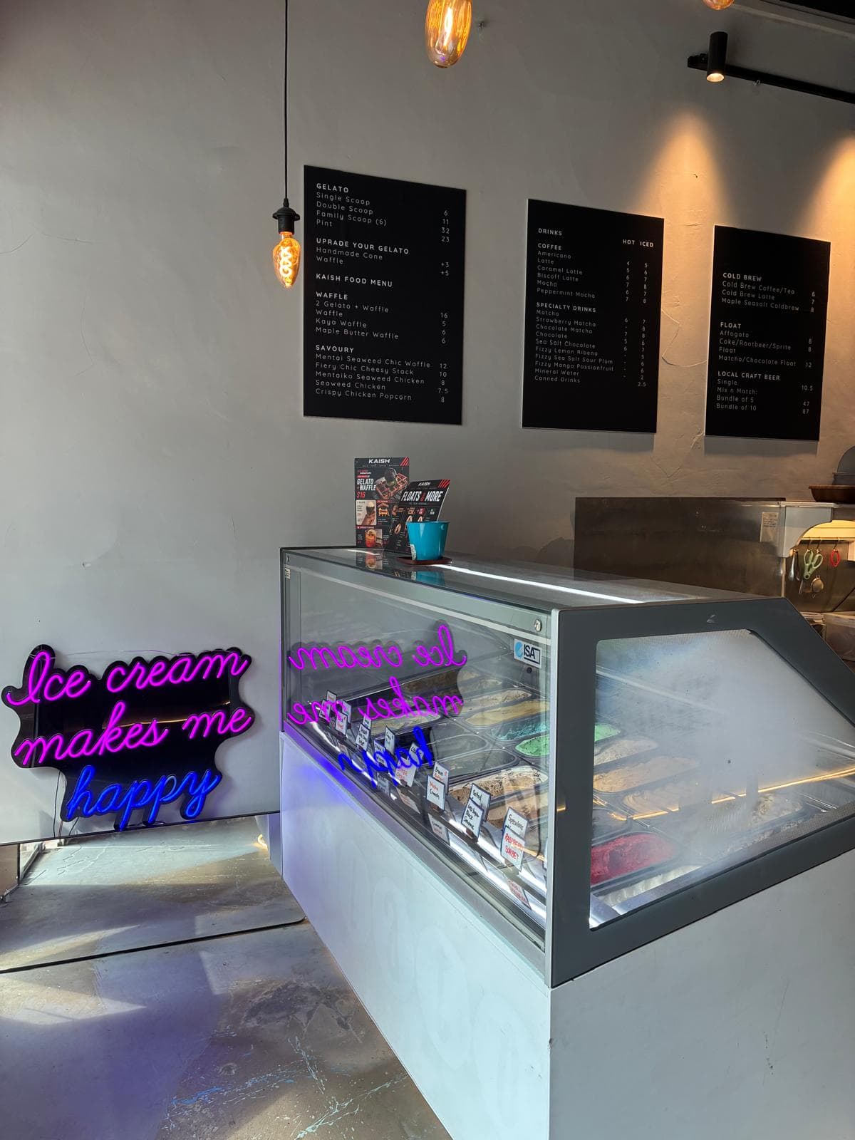 Gelato display and coffee menu inside the KAISH café at Jalan Besar